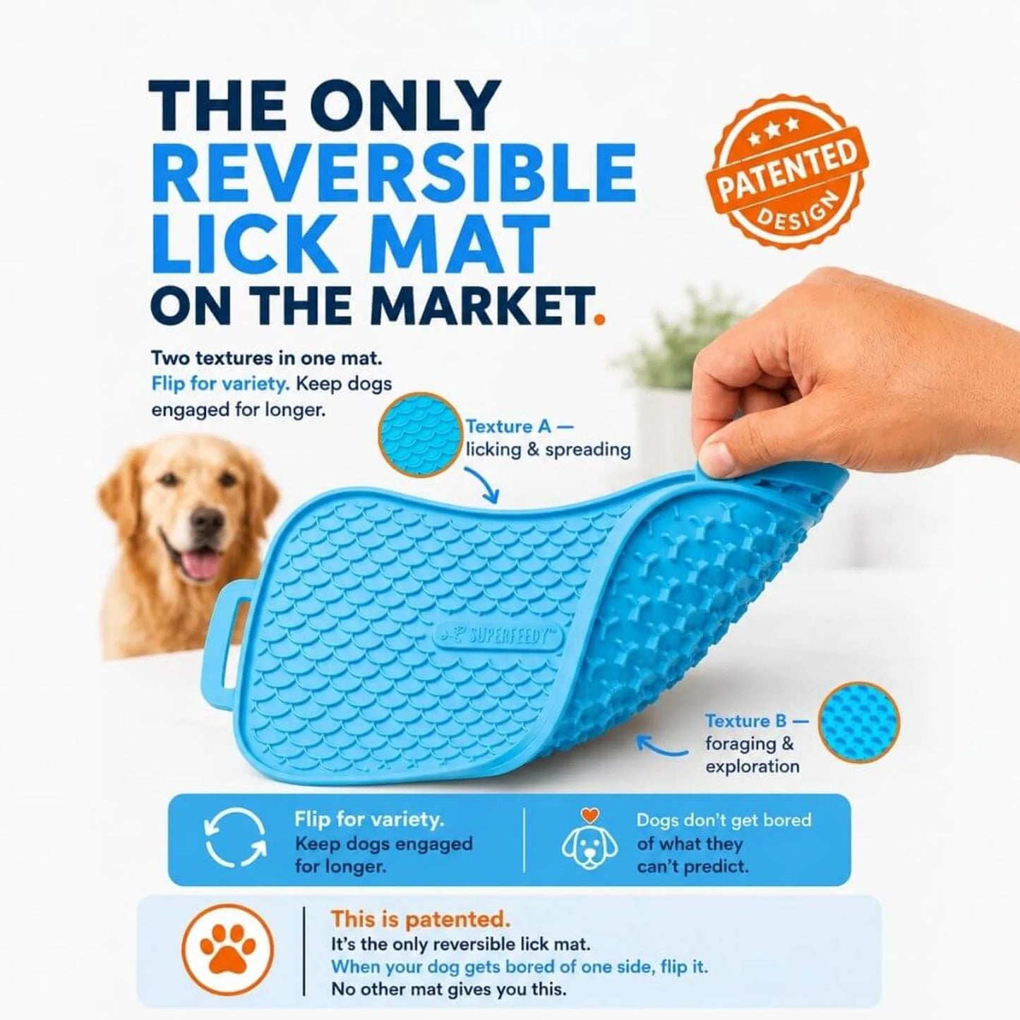 Reversible lick mat for dogs with two textured surfaces designed to provide variety, enrichment, and longer-lasting licking activities.