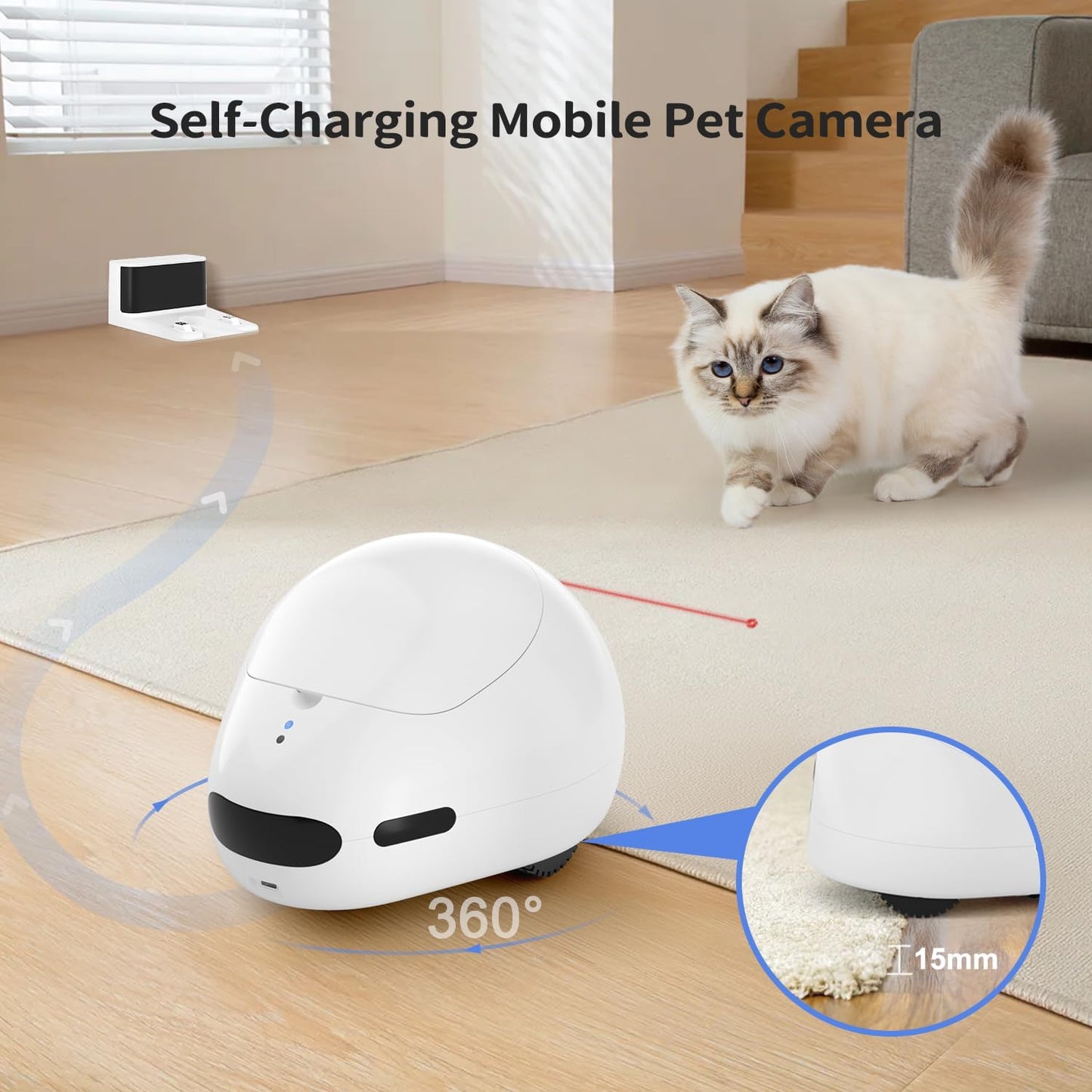Self-charging smart pet camera robot with 360-degree movement tracking a cat at home with laser toy interaction