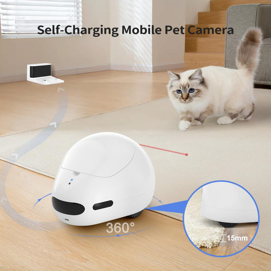 Self-charging smart pet camera robot with 360-degree movement tracking a cat at home with laser toy interaction
