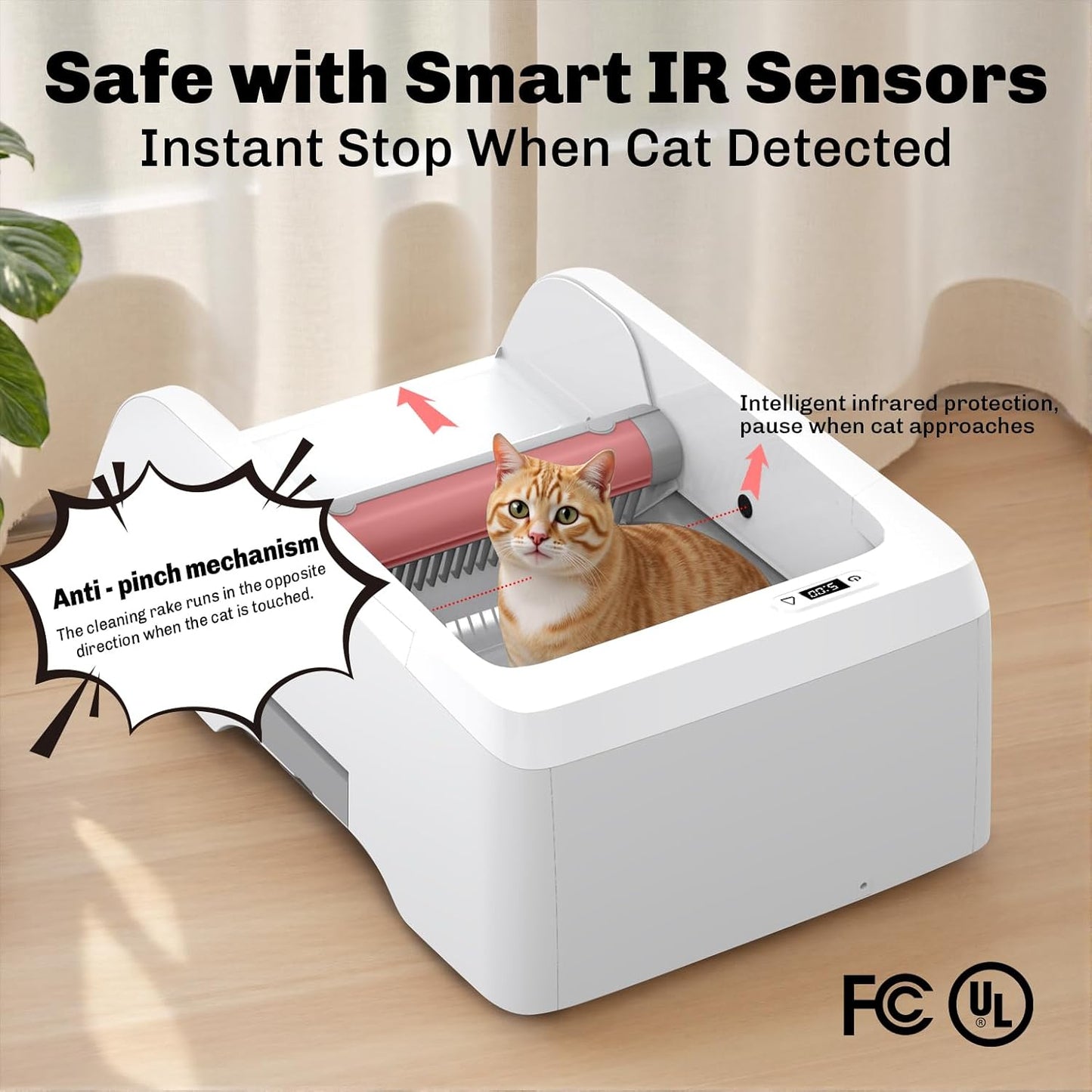 self cleaning cat litter box with smart IR sensor and anti pinch safety system protecting cat during operation