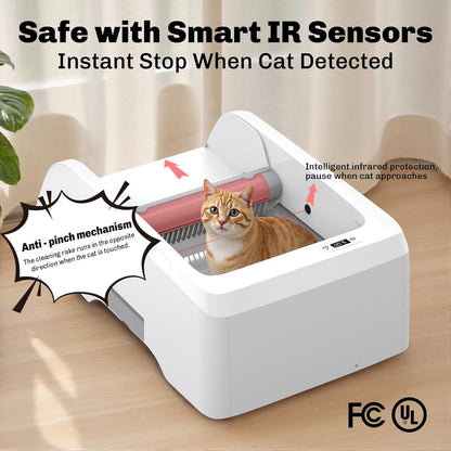self cleaning cat litter box with smart IR sensor and anti pinch safety system protecting cat during operation