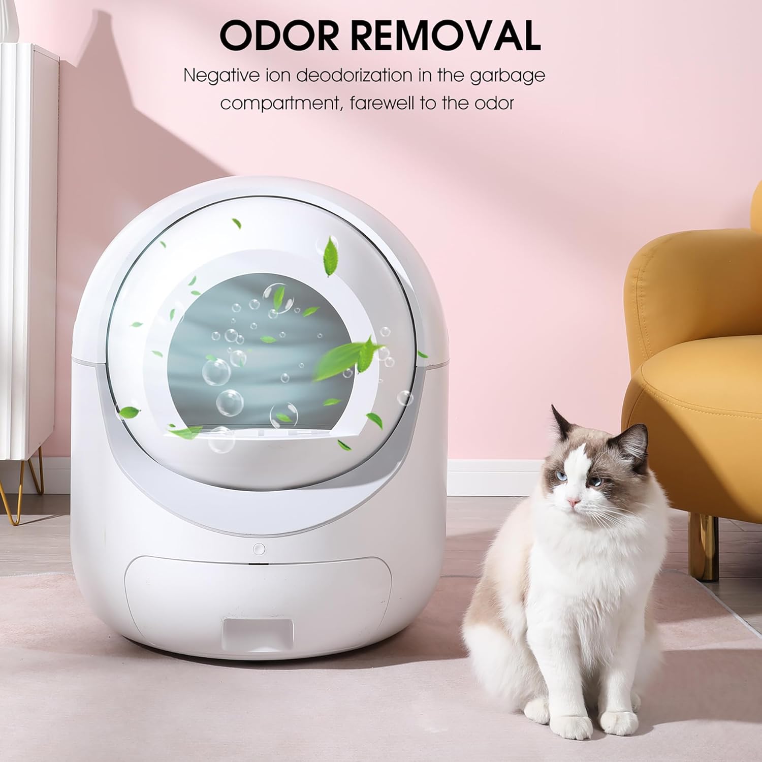 Self-cleaning cat litter box with advanced odor removal and deodorization system, automatic litter box keeping home fresh and clean for cats