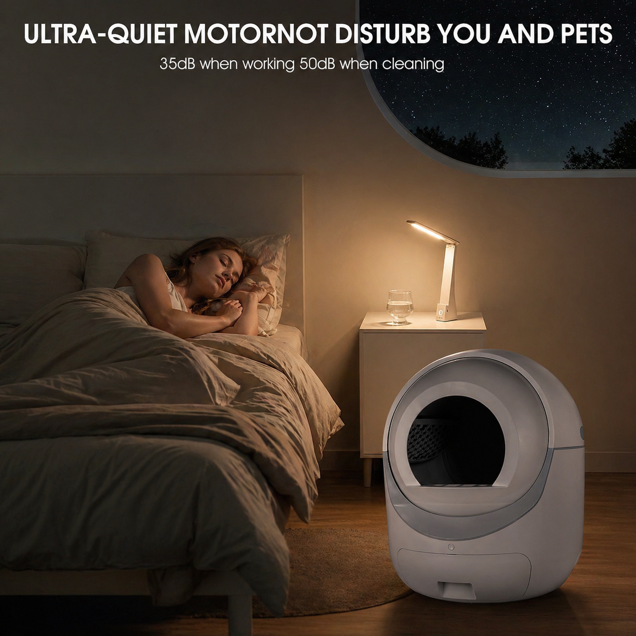 Ultra-quiet self-cleaning cat litter box operating at night in bedroom without disturbing sleep, automatic smart litter box for peaceful home environment