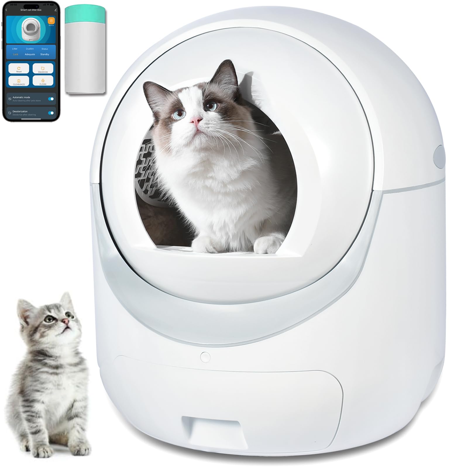 Smart self-cleaning cat litter box XL with app control and odor removal system, modern automatic litter box for multiple cats in white design