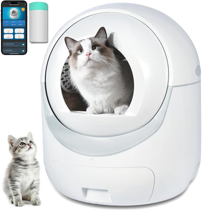 Smart self-cleaning cat litter box XL with app control and odor removal system, modern automatic litter box for multiple cats in white design