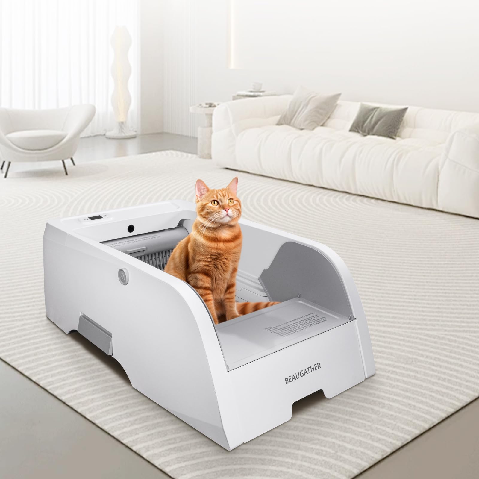 orange cat using open entry self cleaning litter box with odor control in modern living room