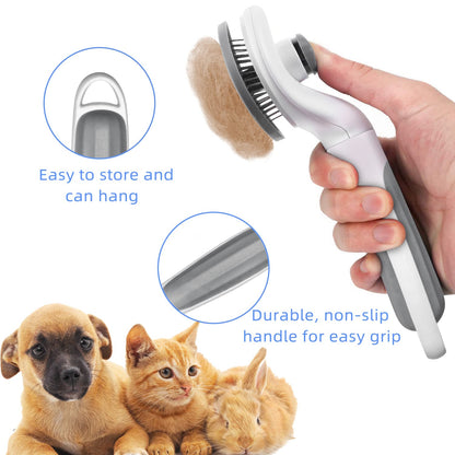 Self-cleaning pet slicker brush with ergonomic non-slip handle and hanging loop for easy storage, suitable for cats and dogs