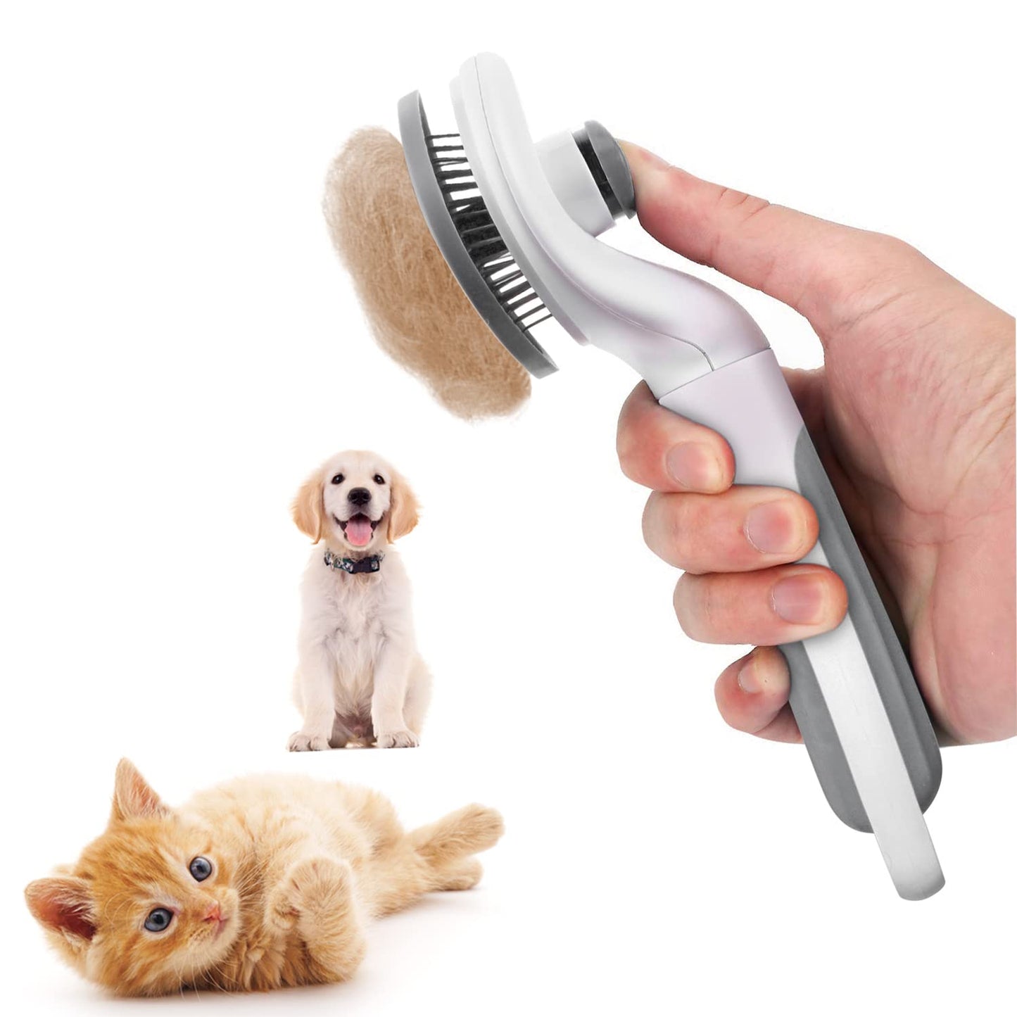 Self-cleaning slicker brush removing pet hair from cat and dog, easy grooming deshedding tool with one-click cleaning button