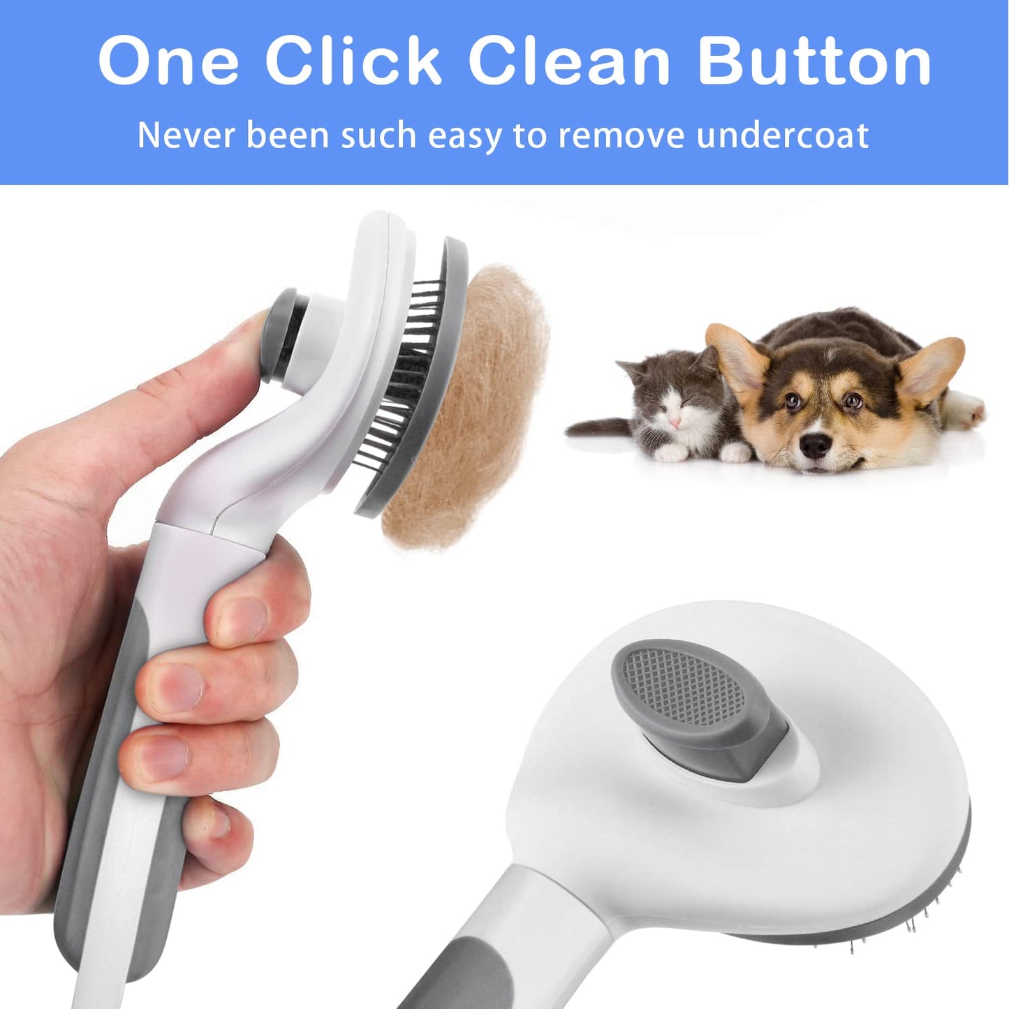 Self-cleaning slicker brush with one-click button removing pet hair, easy deshedding tool for cats and dogs