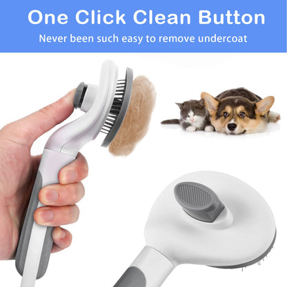 Self-cleaning slicker brush with one-click button removing pet hair, easy deshedding tool for cats and dogs