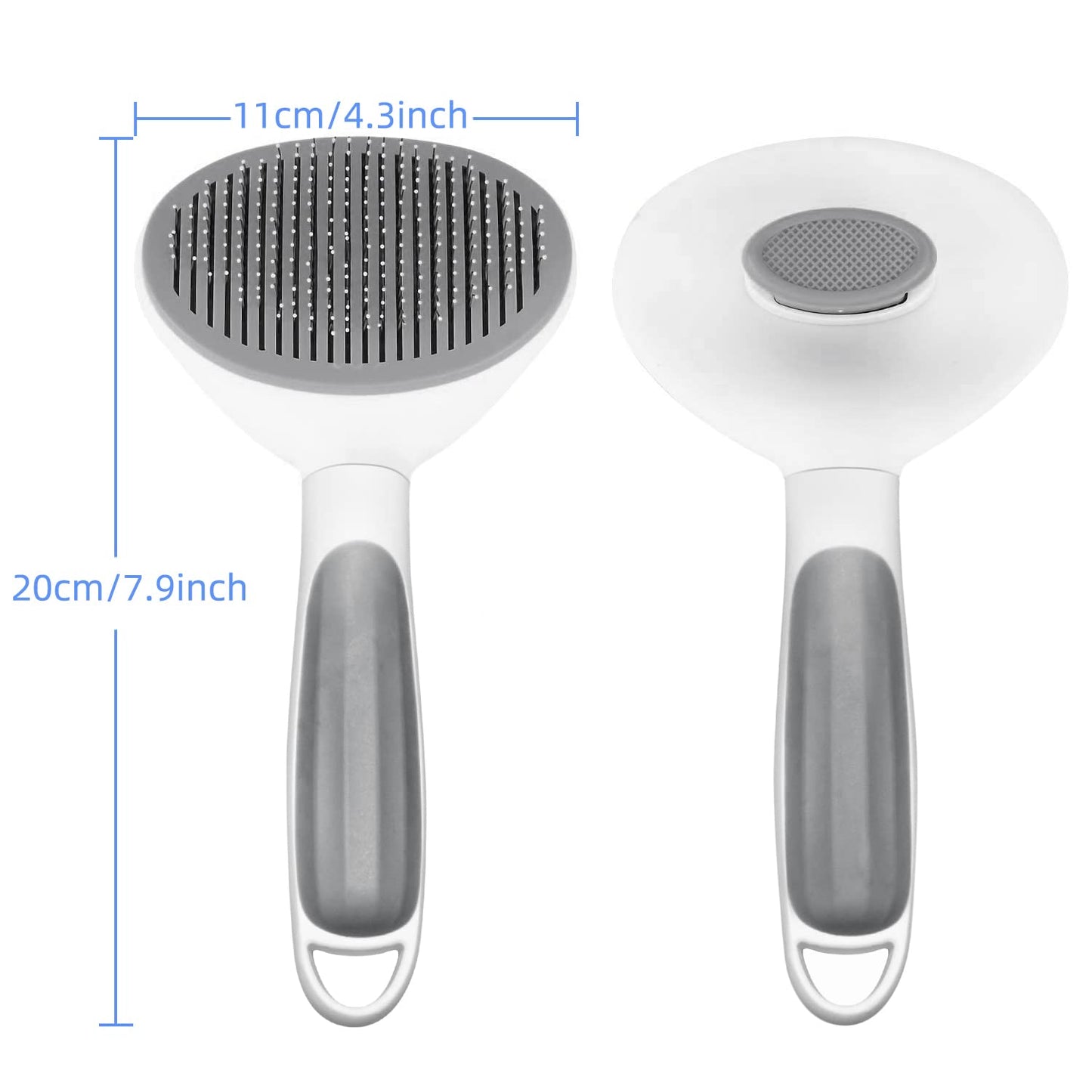 Self-cleaning slicker brush with size dimensions 20cm length and 11cm head width, pet grooming tool for cats and dogs
