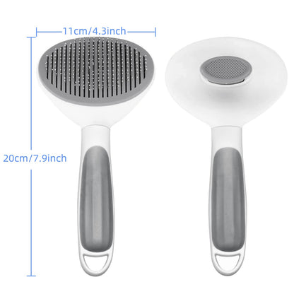 Self-cleaning slicker brush with size dimensions 20cm length and 11cm head width, pet grooming tool for cats and dogs