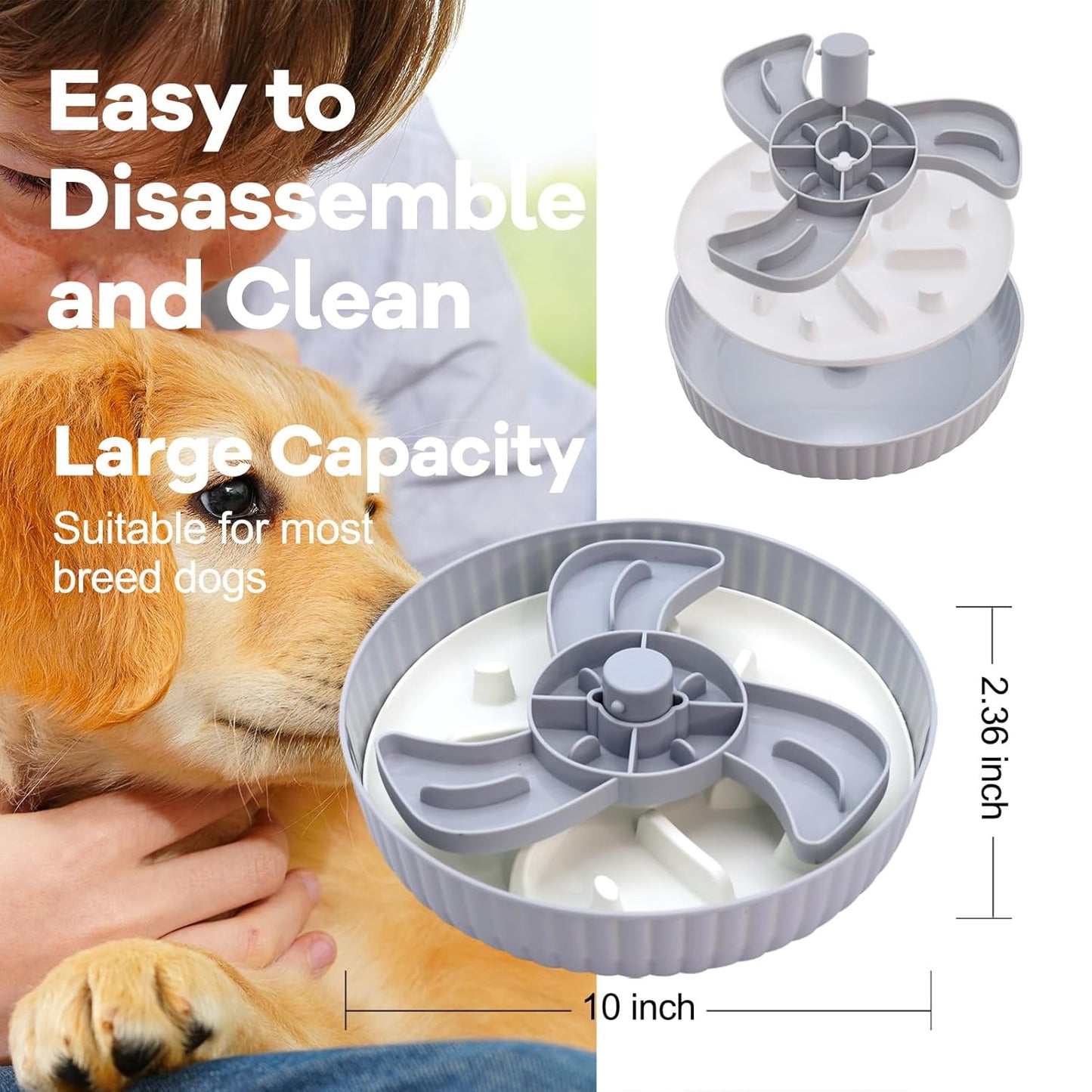 Large capacity slow feeder dog bowl with easy disassemble design for cleaning, 10 inch anti-choke interactive feeder suitable for most dog breeds