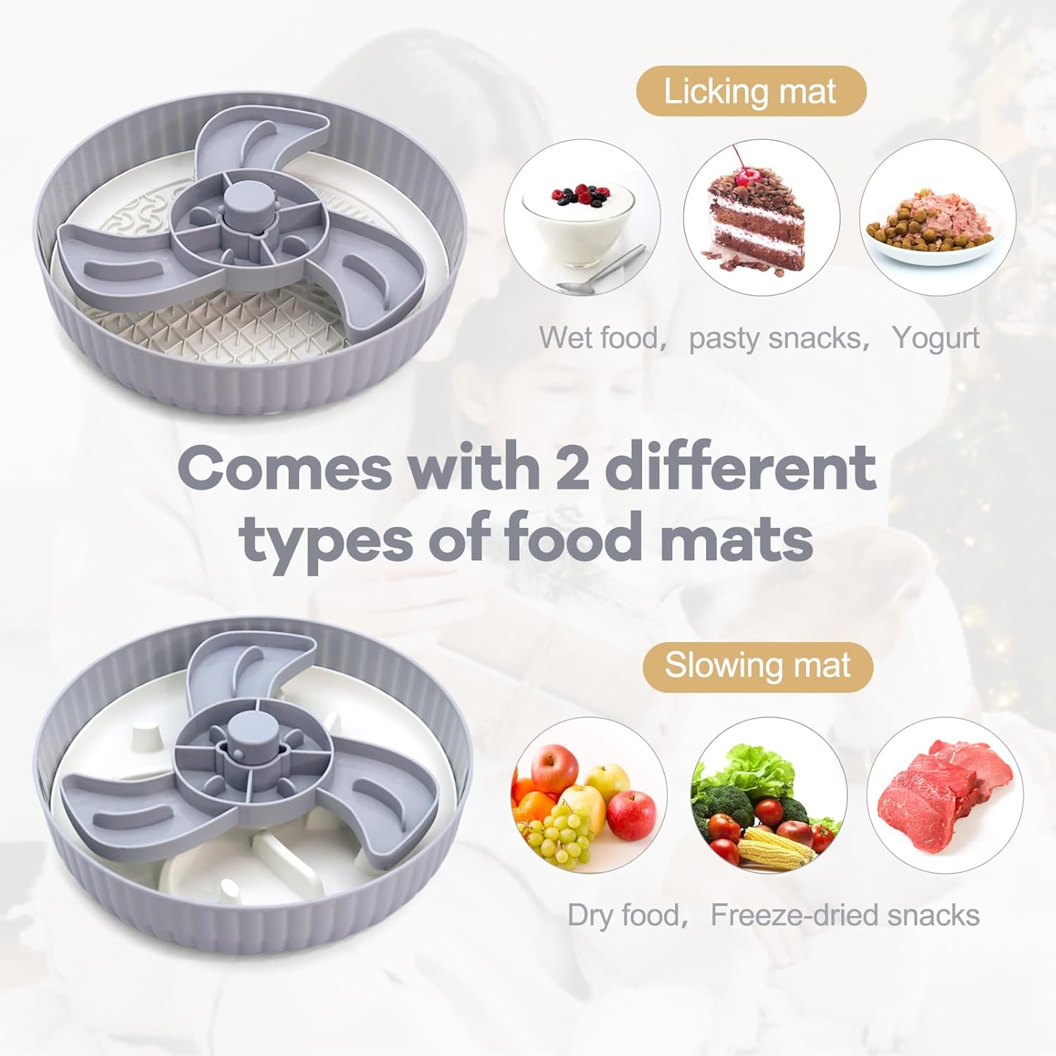 Interactive slow feeder dog bowl with licking mat and slowing mat for wet food, dry food and snacks, designed to prevent fast eating and improve digestion