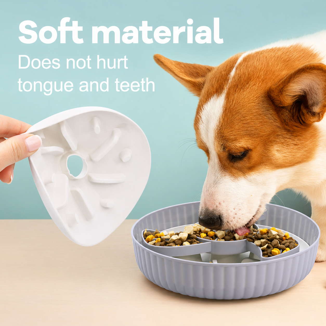 Slow feeder dog bowl made from soft, pet-safe material that protects teeth and tongue while slowing eating and improving digestion