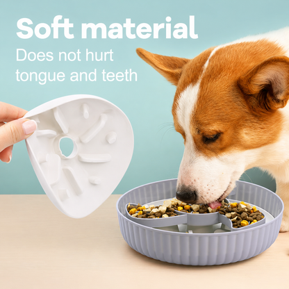 Slow feeder dog bowl made from soft, pet-safe material that protects teeth and tongue while slowing eating and improving digestion
