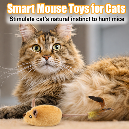 Fluffy cat playing with smart interactive mouse toy designed to stimulate natural hunting instincts with realistic movement and feather tail