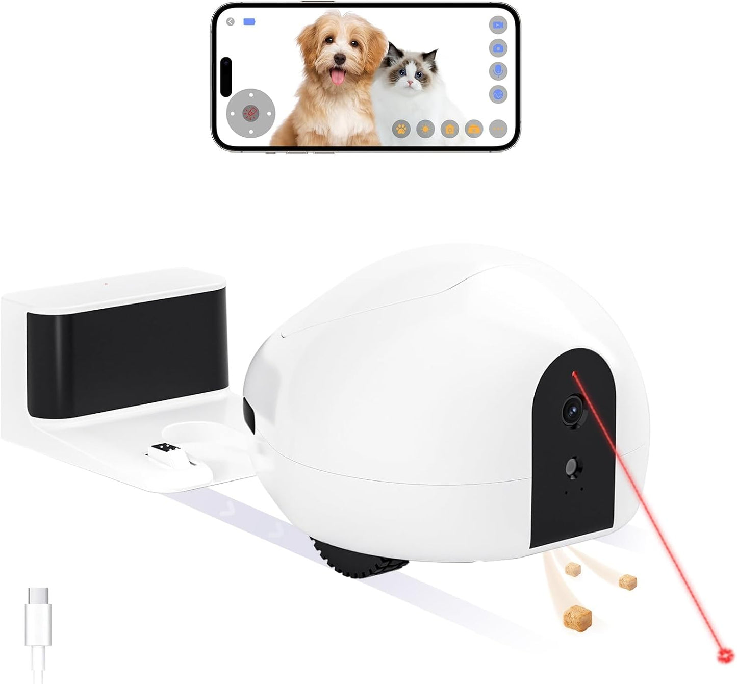 Smart moving pet camera robot with treat dispenser and laser toy, controlled via mobile app for dogs and cats
