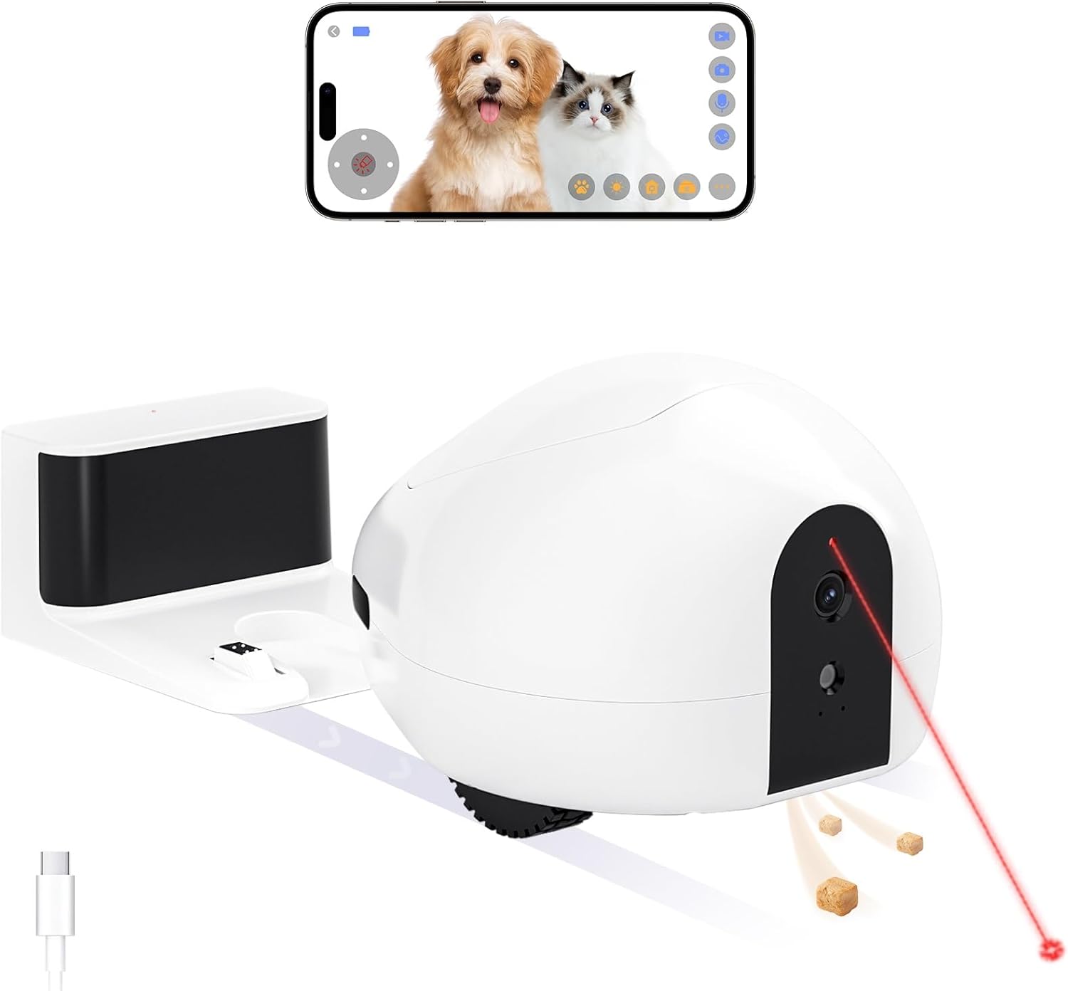 Smart moving pet camera robot with treat dispenser and laser toy, controlled via mobile app for dogs and cats