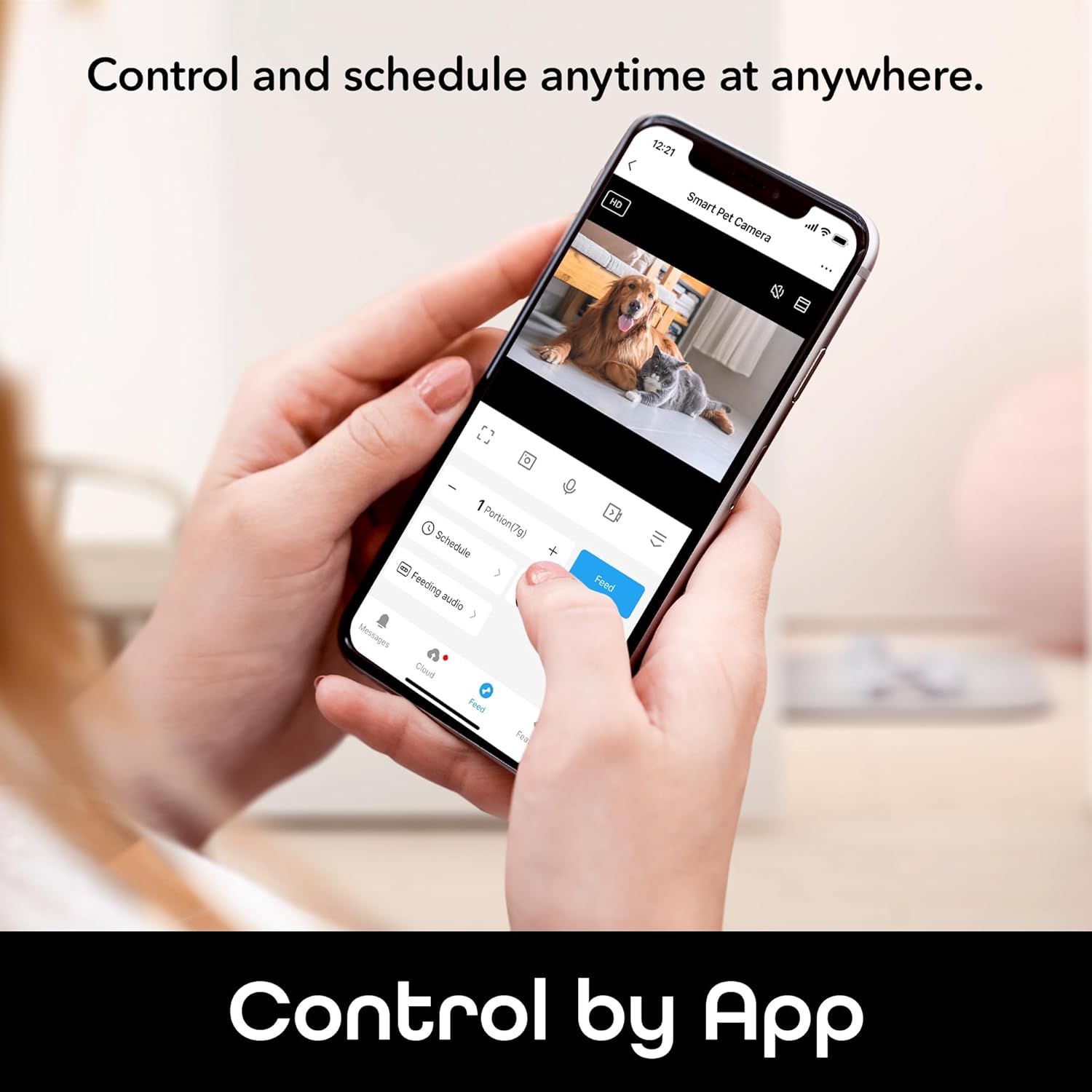 Smart pet feeder app control on smartphone allowing remote feeding and live camera monitoring of dog and cat from anywhere