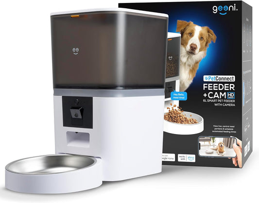 Smart pet feeder with 1080P camera and 6L capacity for automatic feeding of cats and dogs, WiFi app controlled with two-way audio