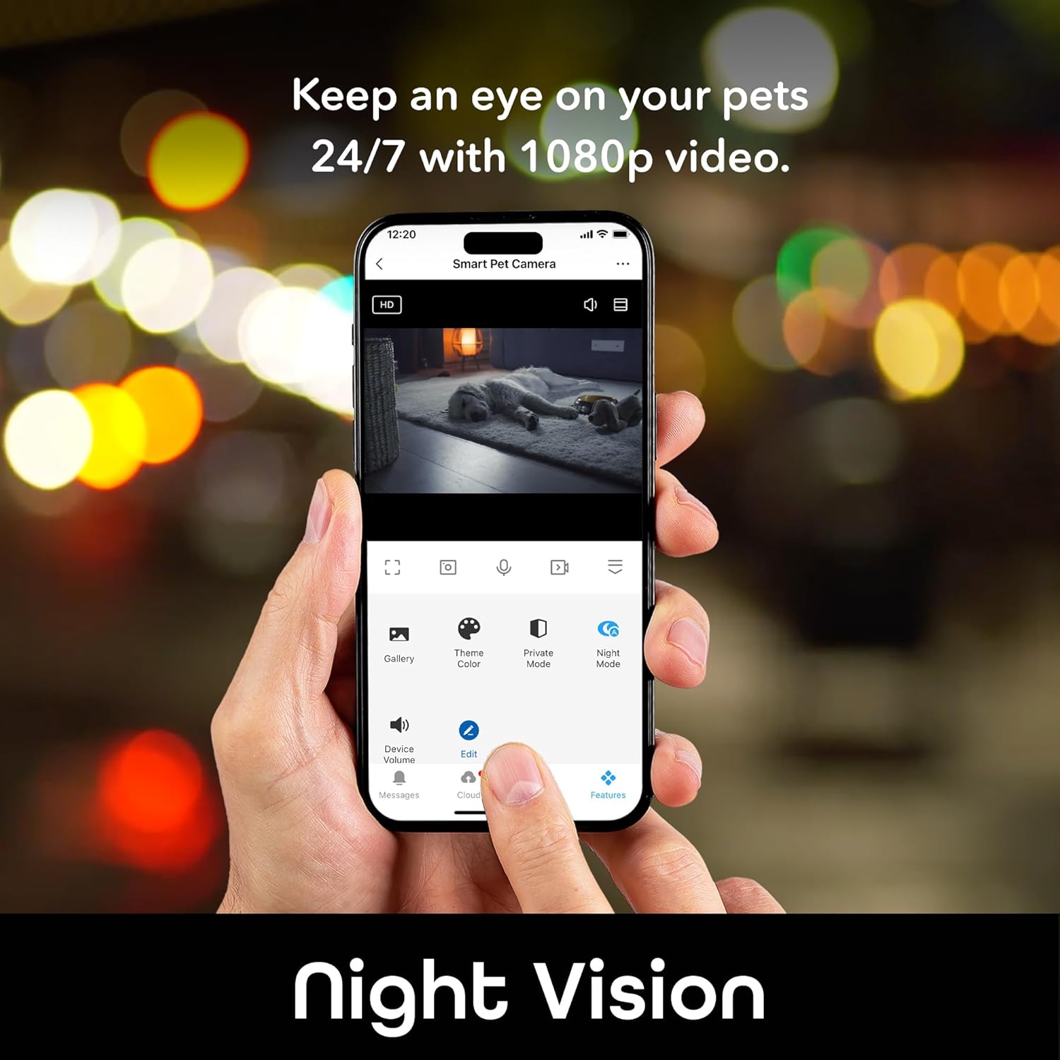 Smart pet feeder camera app showing night vision monitoring in 1080p, allowing pet owners to watch their pet remotely in low light conditions