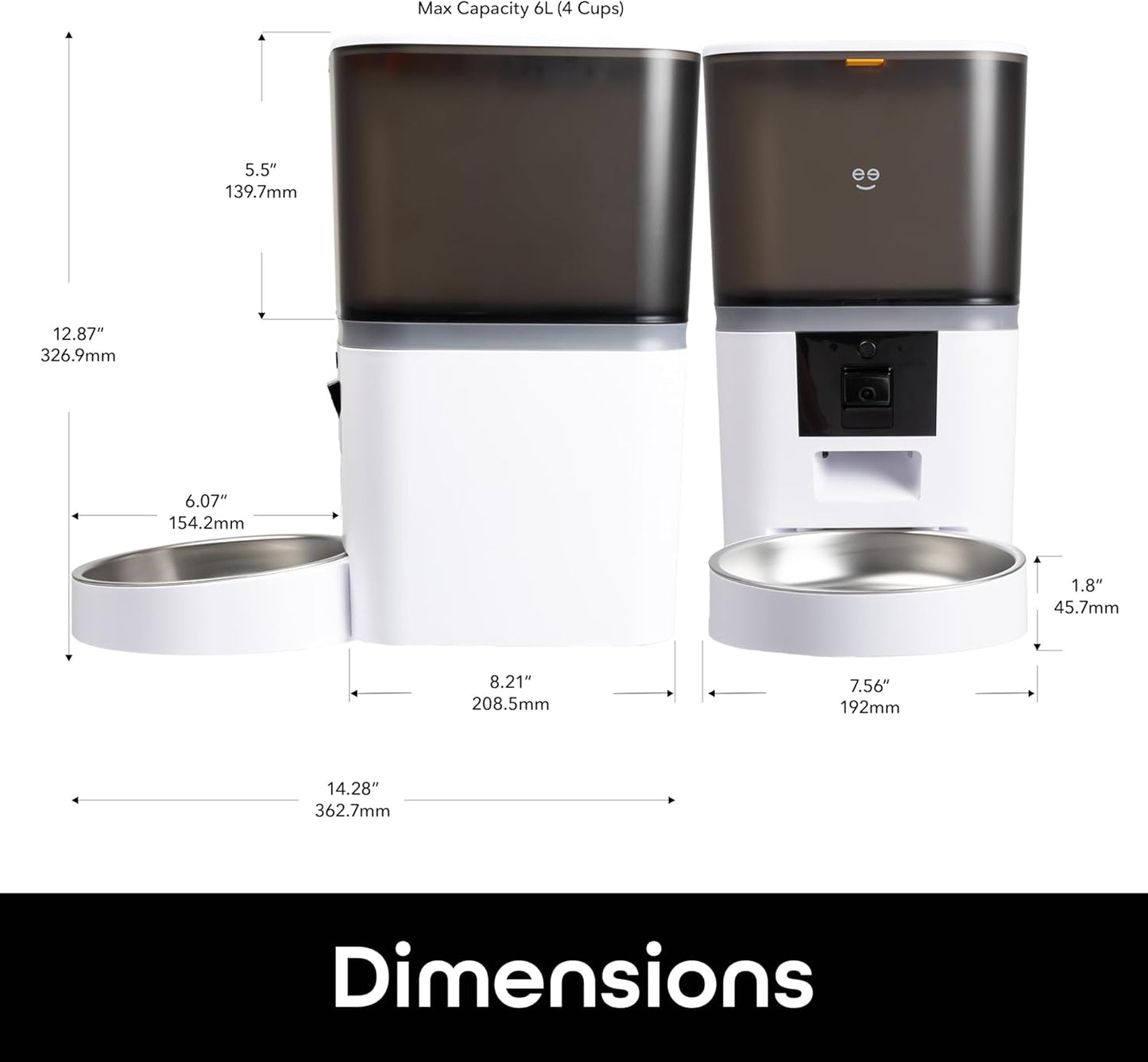 Smart pet feeder dimensions showing 6L capacity and size measurements, automatic feeder design for cats and dogs with bowl and camera unit
