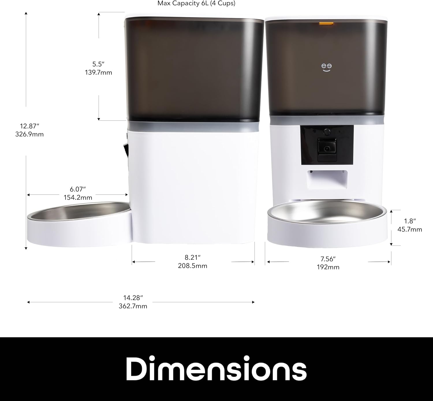 Smart pet feeder dimensions showing 6L capacity and size measurements, automatic feeder design for cats and dogs with bowl and camera unit