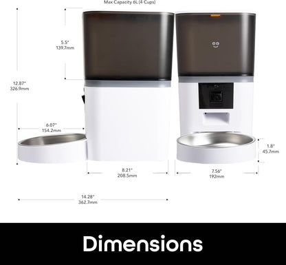Smart pet feeder dimensions showing 6L capacity and size measurements, automatic feeder design for cats and dogs with bowl and camera unit