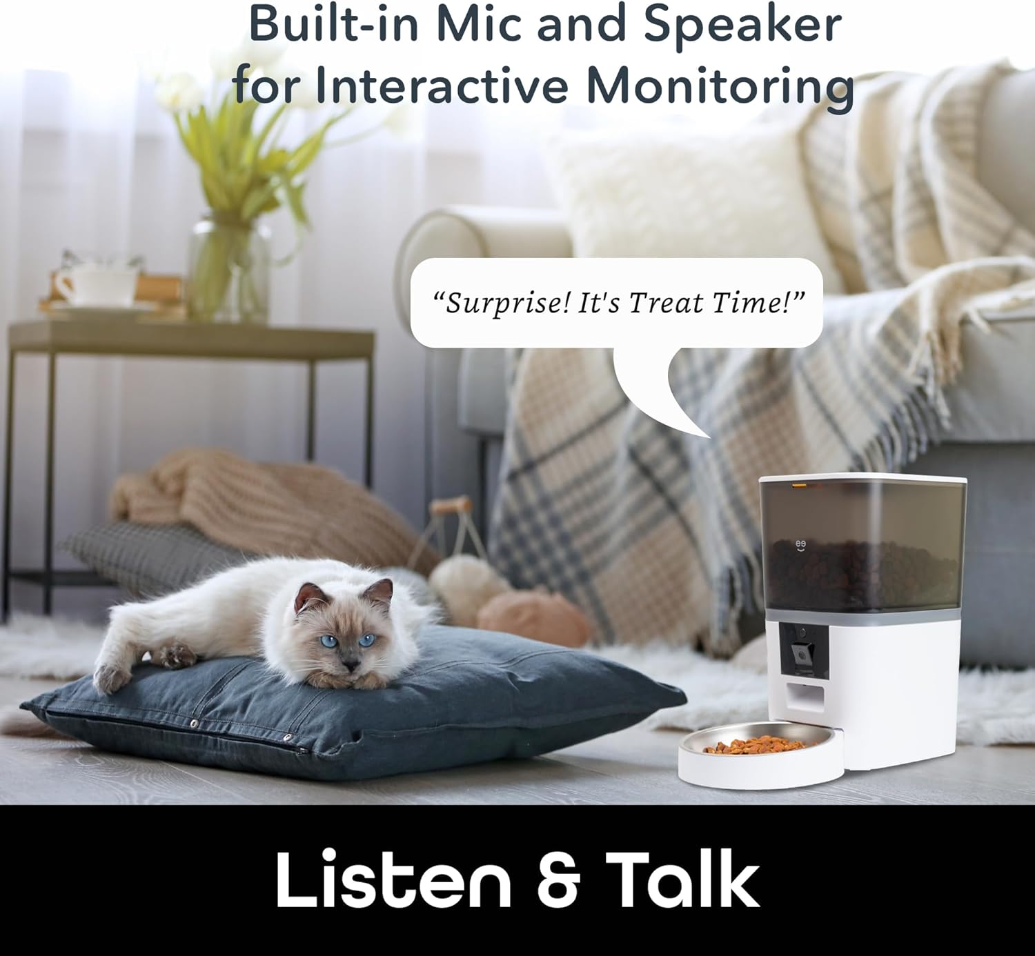 Smart pet feeder with two-way audio allowing pet owners to listen and talk to their cat, automatic feeder with built-in mic and speaker