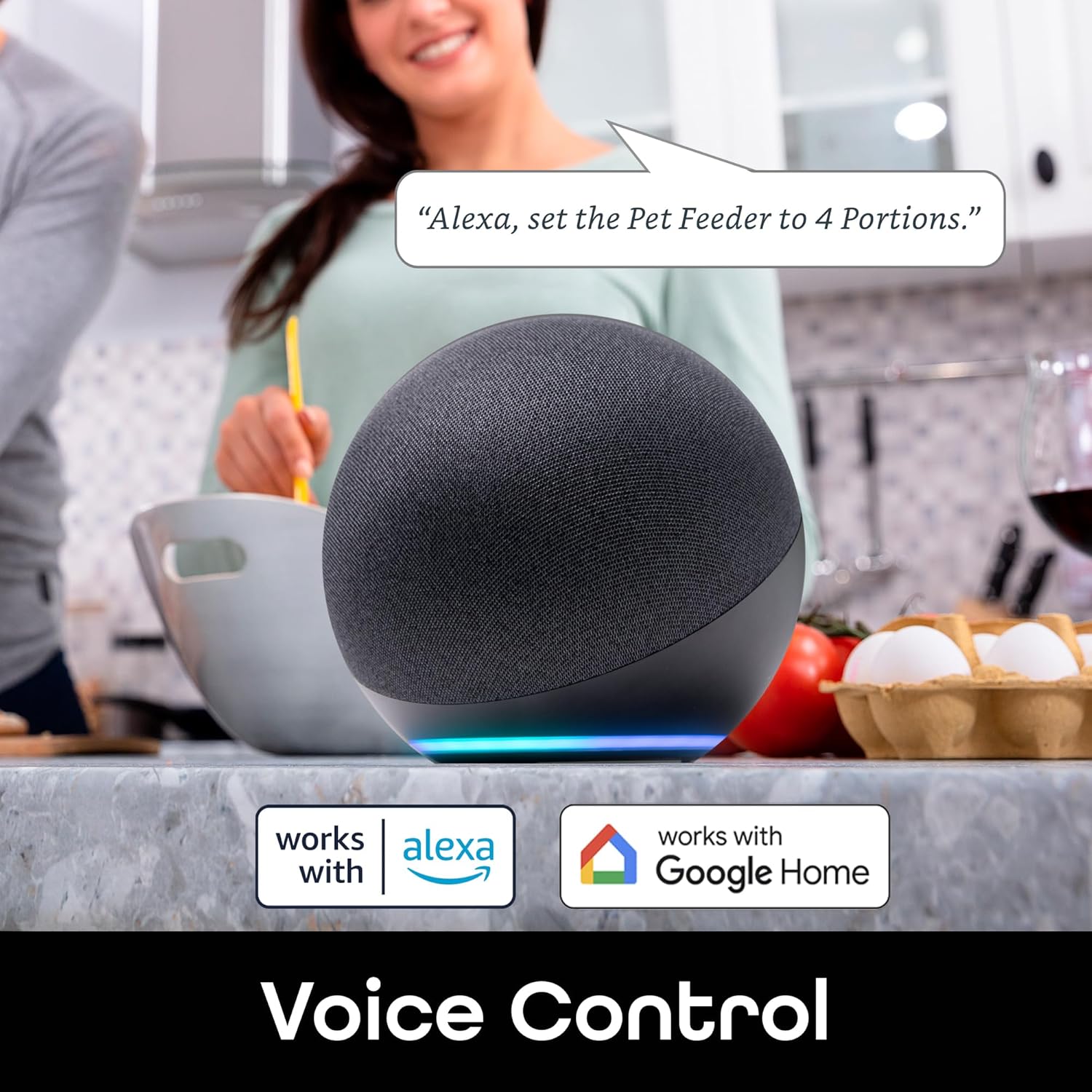 Smart pet feeder with voice control using Alexa and Google Home, allowing hands-free feeding and portion control for pets
