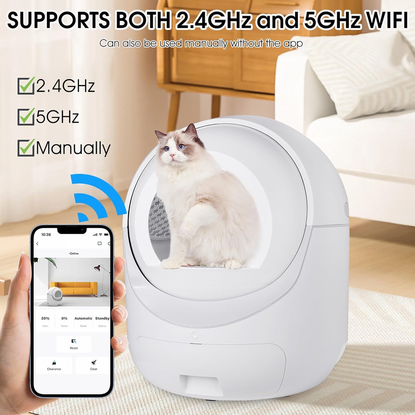 Smart self-cleaning cat litter box with WiFi app control supporting 2.4GHz and 5GHz, automatic litter box with mobile monitoring and manual control option