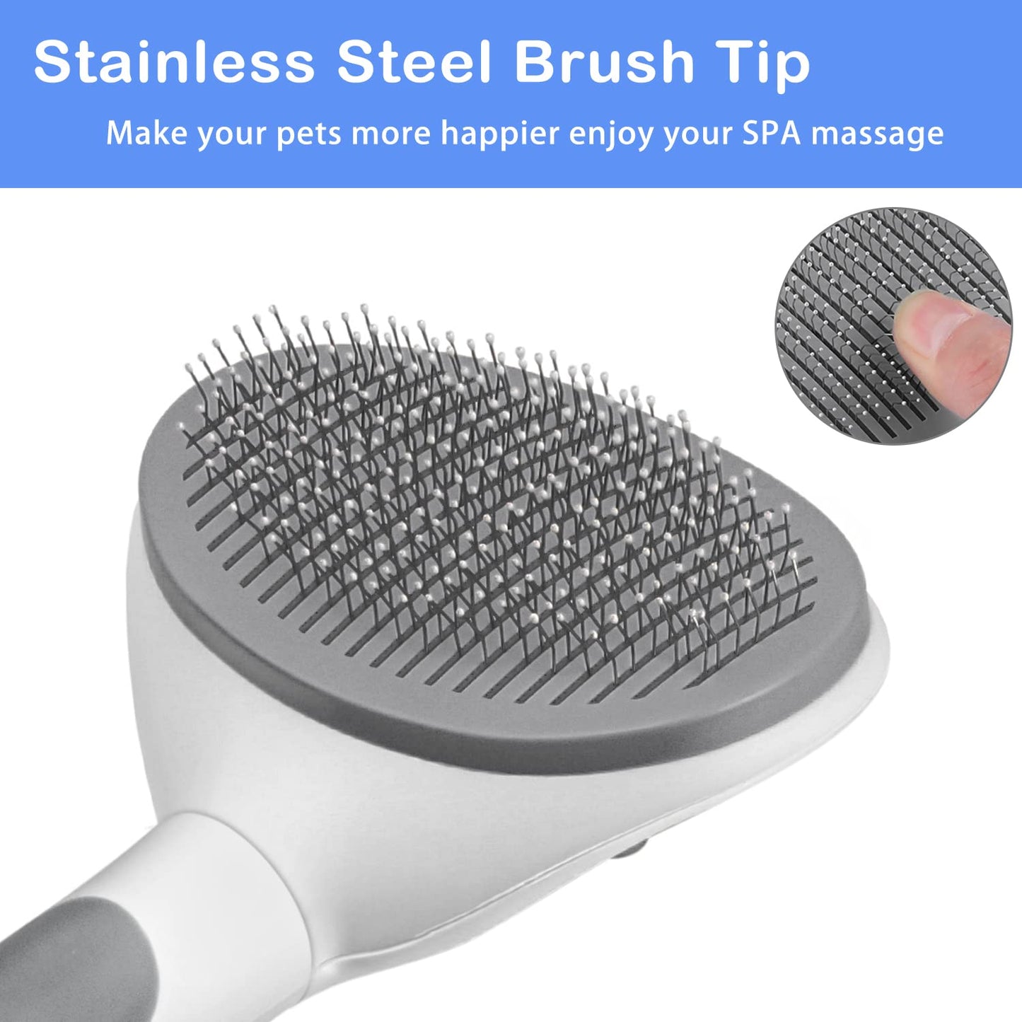 Close-up of stainless steel slicker brush tips with rounded ends for gentle pet grooming and massage for cats and dogs