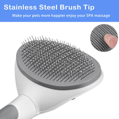 Close-up of stainless steel slicker brush tips with rounded ends for gentle pet grooming and massage for cats and dogs