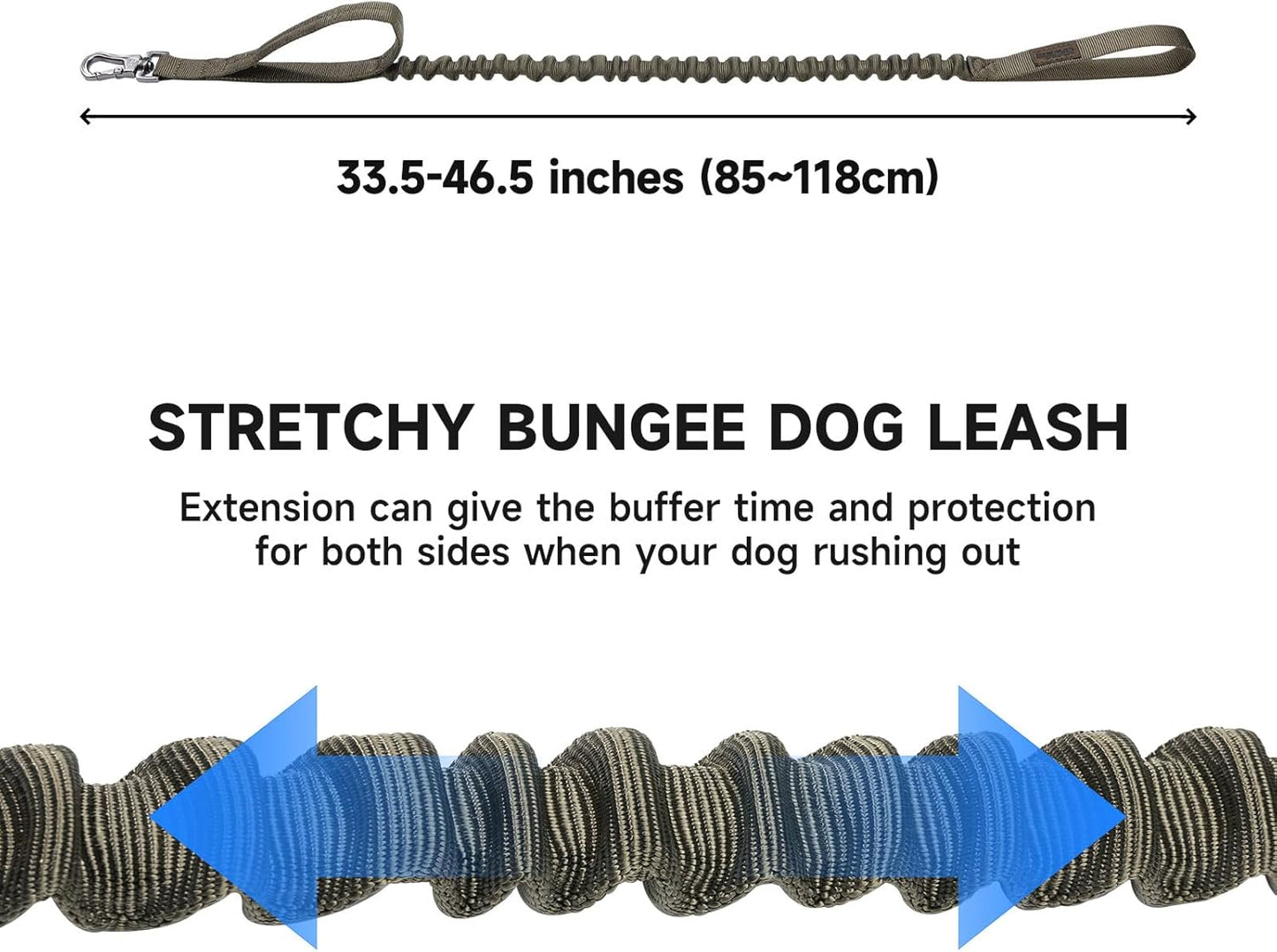 Stretchy bungee dog leash with elastic shock absorption and adjustable length 33.5 to 46.5 inches for safer and controlled dog walking