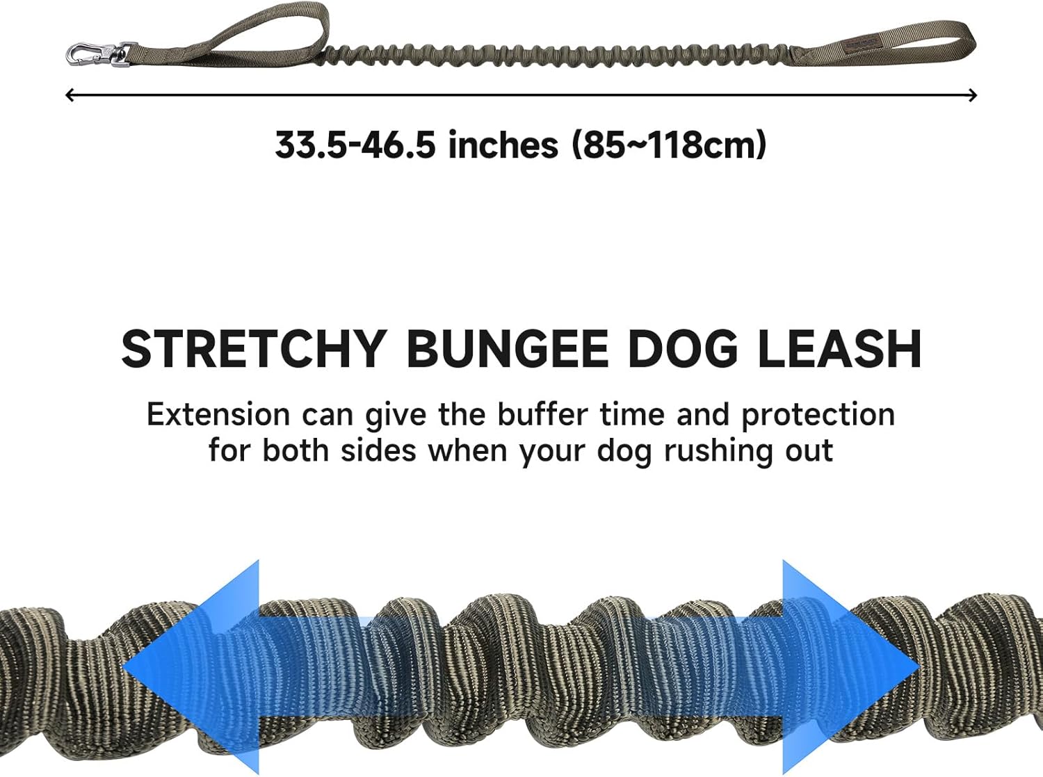 Stretchy bungee dog leash with elastic shock absorption and adjustable length 33.5 to 46.5 inches for safer and controlled dog walking