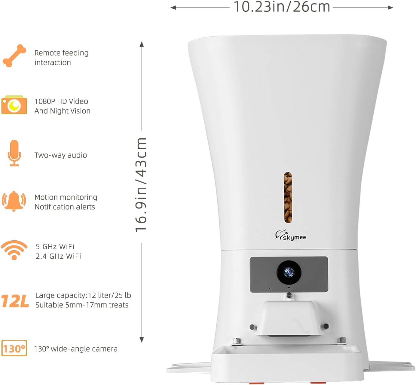 WiFi pet feeder with 12L capacity, HD camera, portion control, motion alerts and product dimensions for dogs and cats