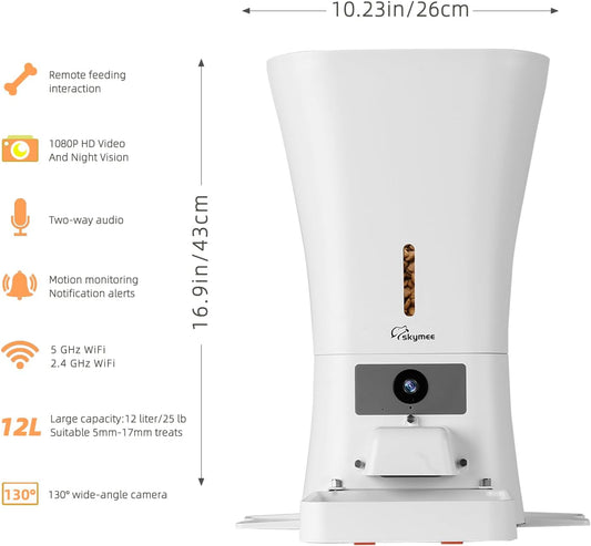 WiFi pet feeder with 12L capacity, HD camera, portion control, motion alerts and product dimensions for dogs and cats