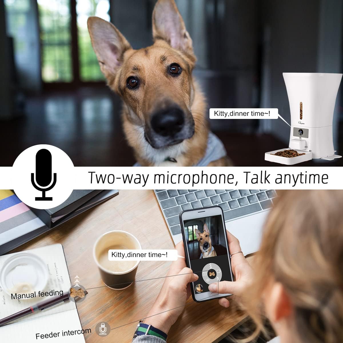 WiFi pet feeder with camera and two way microphone for remote feeding and real time communication with pets