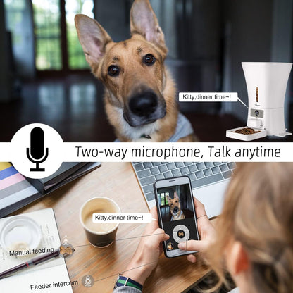 WiFi pet feeder with camera and two way microphone for remote feeding and real time communication with pets