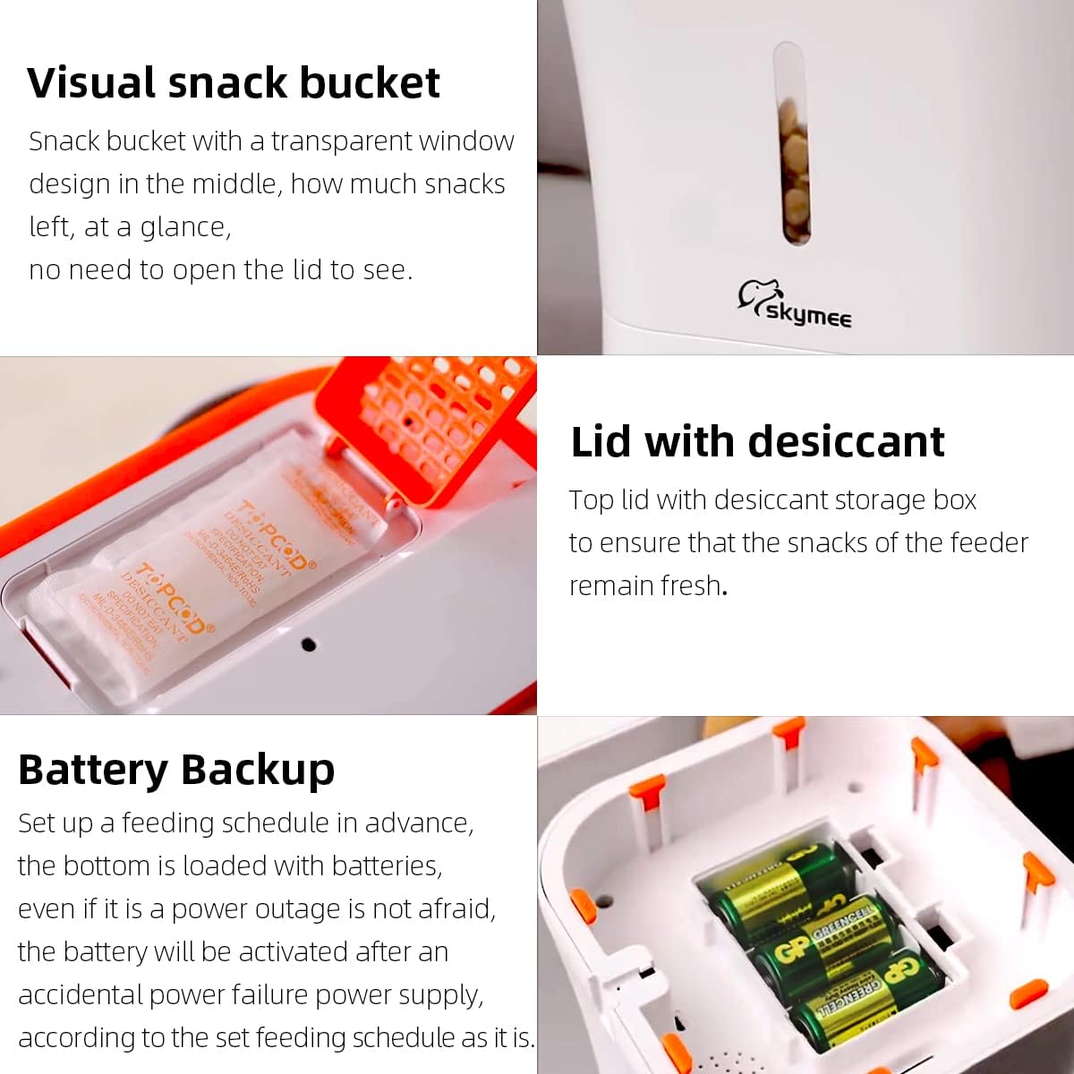 WiFi pet feeder with food level indicator, moisture control desiccant lid and backup battery system