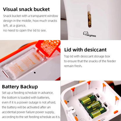 WiFi pet feeder with food level indicator, moisture control desiccant lid and backup battery system