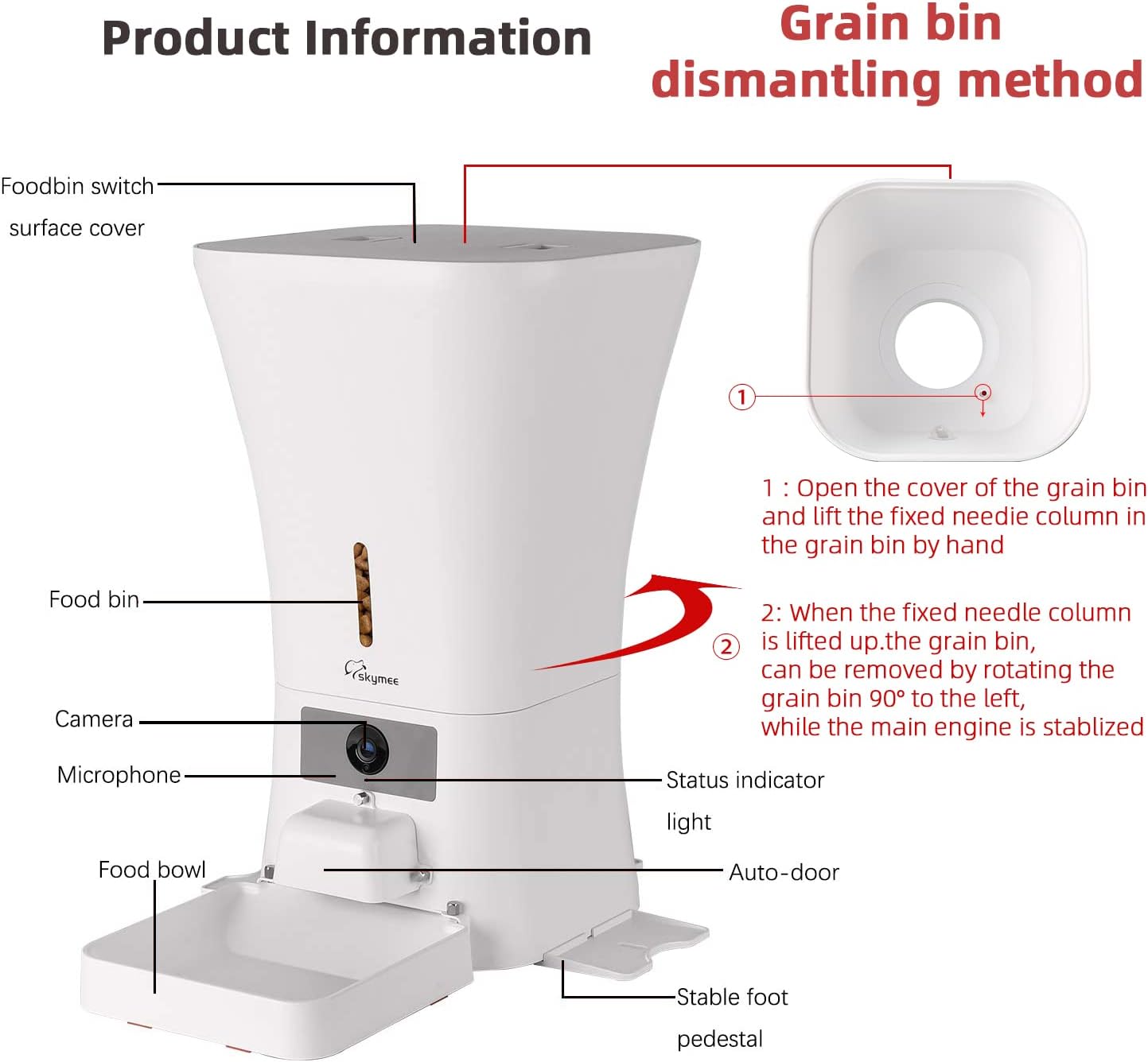 WiFi pet feeder structure with labeled components including camera, microphone, food storage and feeding bowl