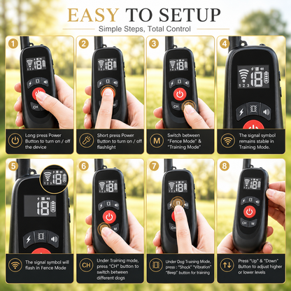 Step-by-step setup guide for wireless dog fence and training collar showing remote control functions and easy configuration instructions