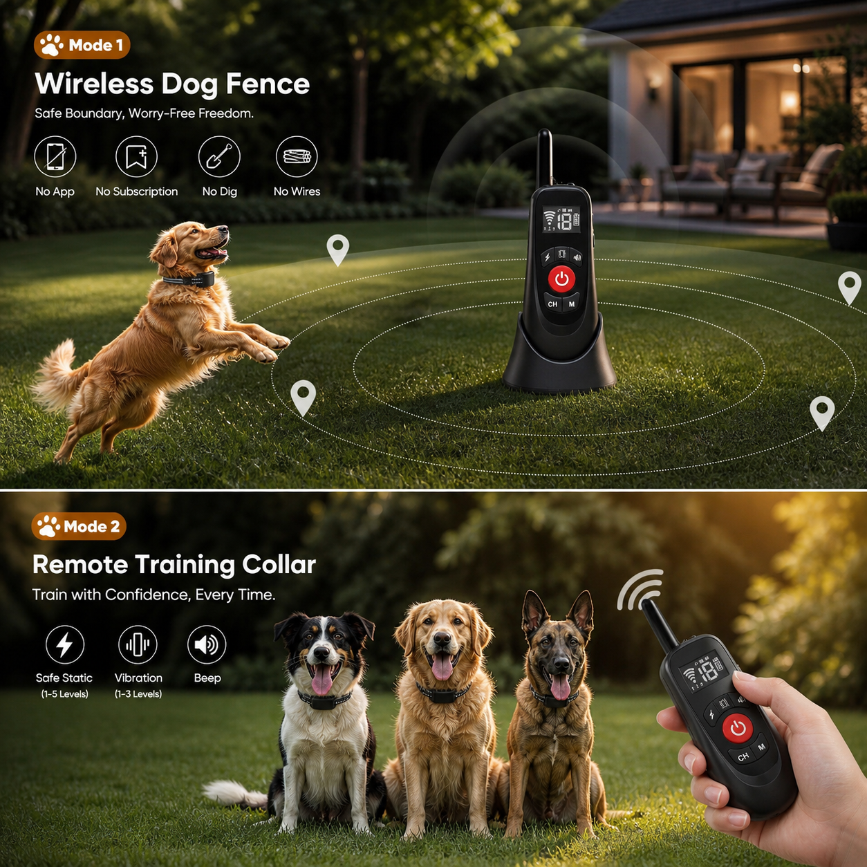 Premium wireless dog fence and remote training collar system showing boundary range and multi-dog training modes outdoors