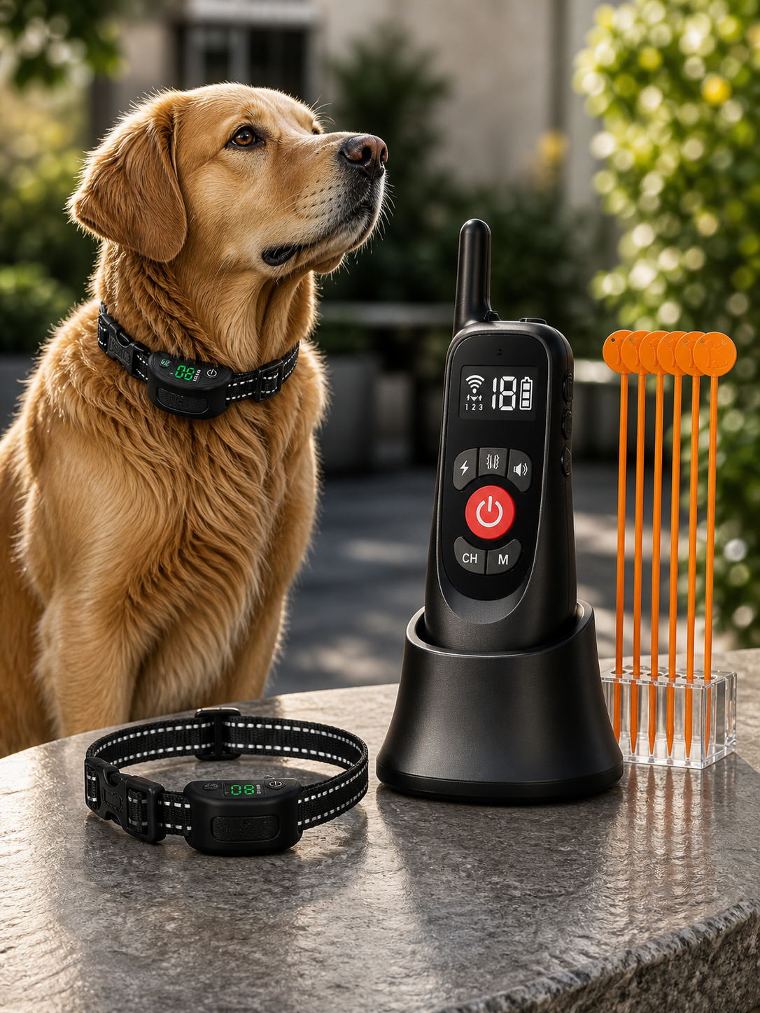 Wireless dog fence and training collar system with orange boundary flags, remote control, and Golden Retriever wearing collar outdoors