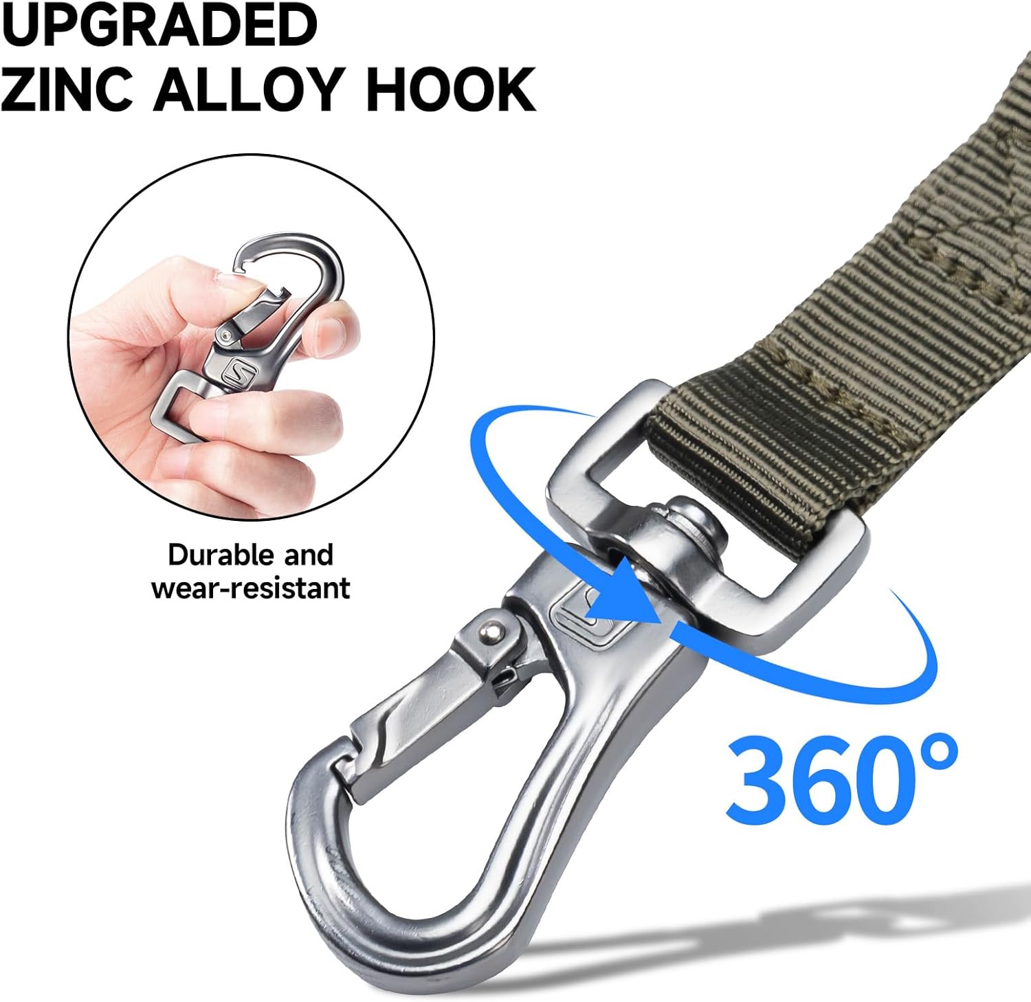 Heavy duty zinc alloy dog leash hook with 360 degree rotation durable wear resistant clip for secure and tangle free walking